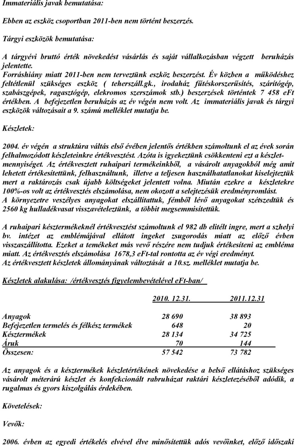 Év közben a mőködéshez feltétlenül szükséges eszköz ( teherszáll.gk., irodaház főtéskorszerősítés, szárítógép, szabászgépek, ragasztógép, elekromos szerszámok stb.