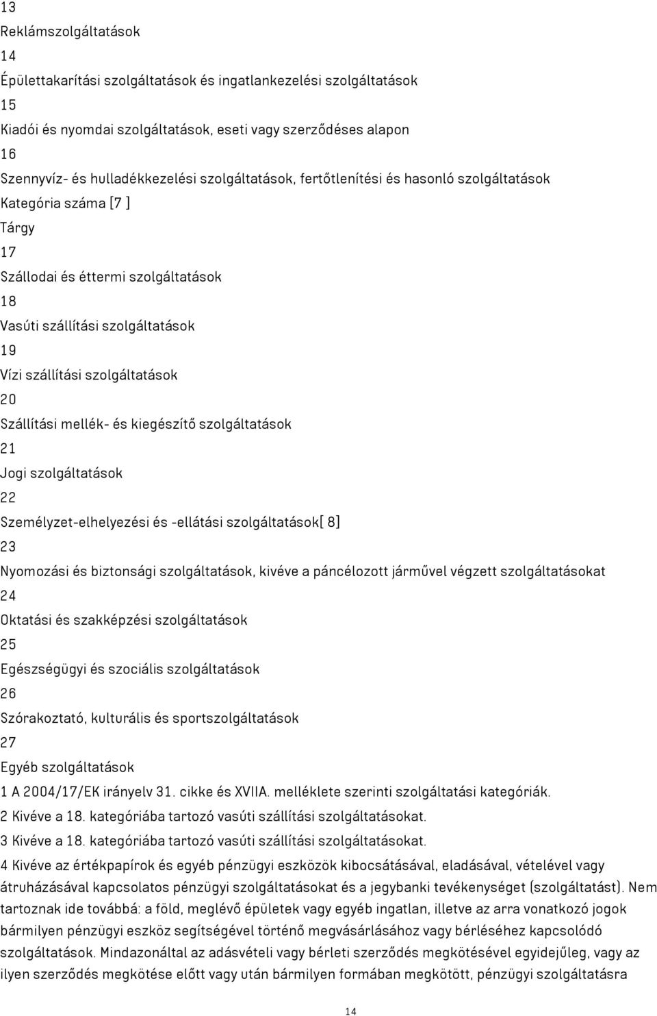 Szállítási mellék- és kiegészítő szolgáltatások 21 Jogi szolgáltatások 22 Személyzet-elhelyezési és -ellátási szolgáltatások[ 8] 23 Nyomozási és biztonsági szolgáltatások, kivéve a páncélozott