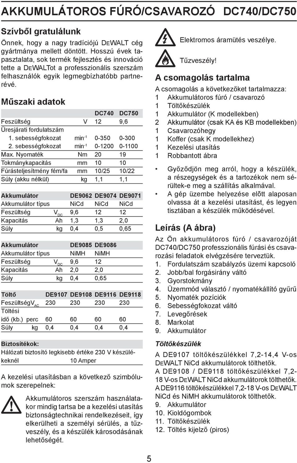 Műszaki adatok DC740 DC750 Feszültség V 12 9,6 Üresjárati fordulatszám 1. sebességfokozat min -1 0-350 0-300 2. sebességfokozat min -1 0-1200 0-1100 Max.