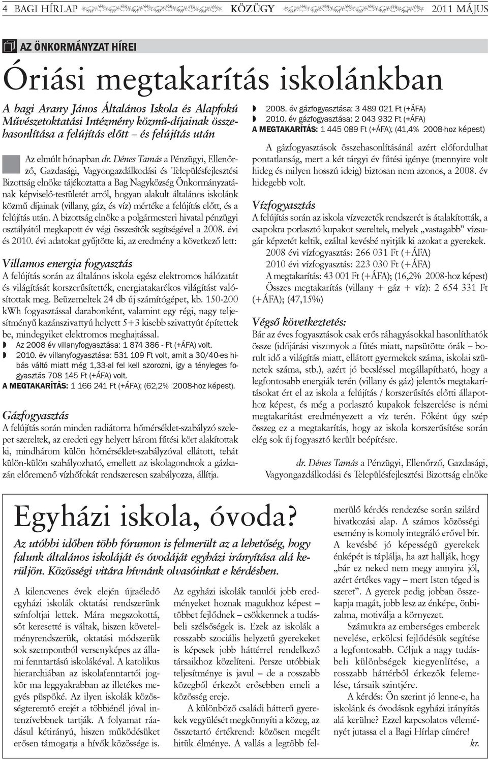 Dé nes Ta más a Pénz ügyi, El len őr - ző, gaz da sá gi, Va gyon gaz dál ko dá si és te le pü lés fej lesz té si Bi zott ság el nö ke tá jé koz tat ta a Bag nagy köz ség Ön kor mány za tá - nak kép