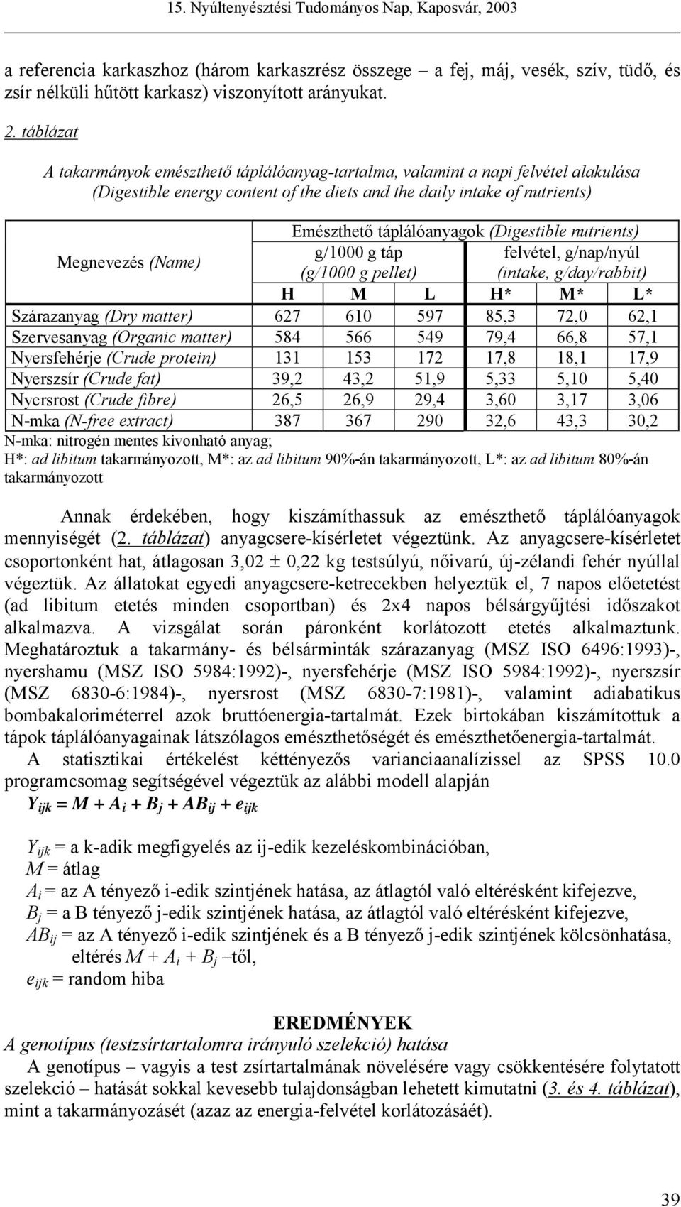 (Digestible nutrients) Megnevezés (Name) g/1000 g táp felvétel, g/nap/nyúl (g/1000 g pellet) (intake, g/day/rabbit) H M L H* M* L* Szárazanyag (Dry matter) 627 610 597 85,3 72,0 62,1 Szervesanyag