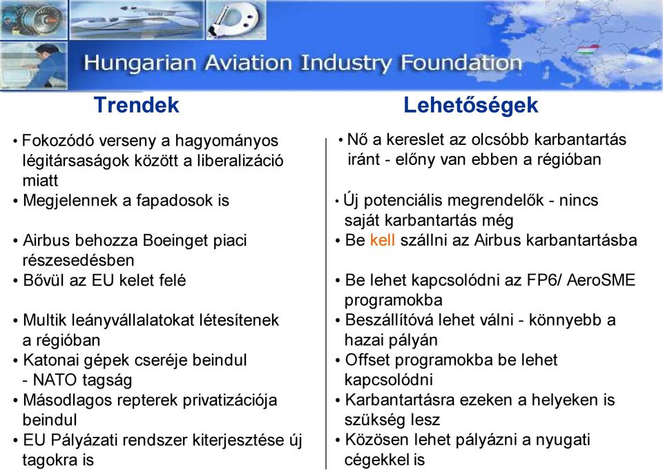 kereslet az olcsóbb karbantartás iránt - előny van ebben a régióban Új potenciális megrendelők - nincs saját karbantartás még Be kell szállni az Airbus karbantartásba Be lehet kapcsolódni az