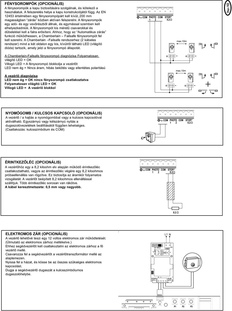 A fénysorompók egy adó- és egy vevőrészből állnak, és egymással szemben kell elhelyezkedniük. A fénysorompót kis méretű csavarokkal és dűbelekkel kell a falra erősíteni.