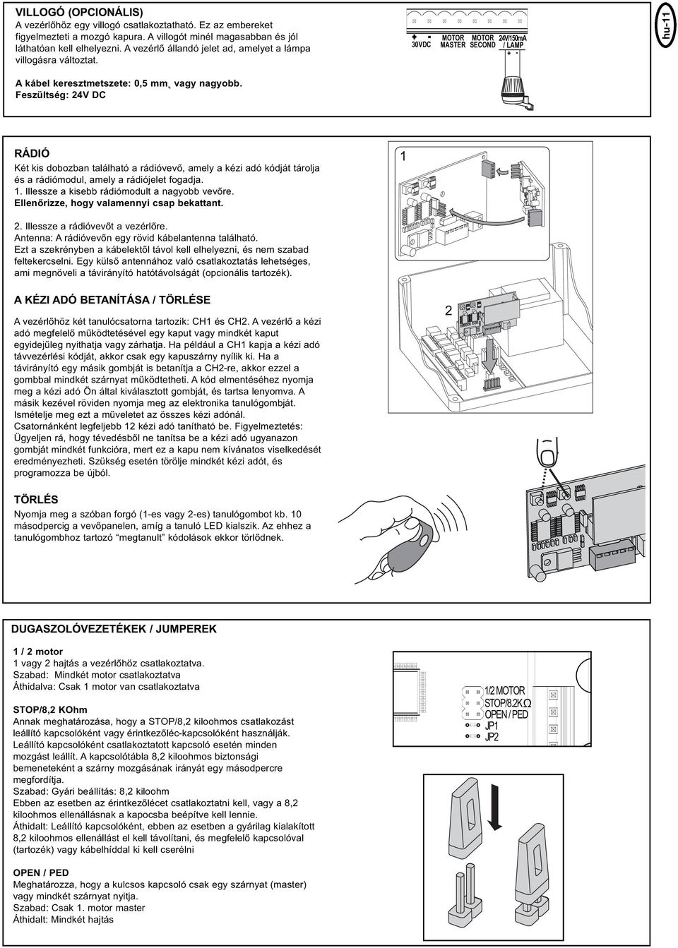 Feszültség: 24V DC RÁDIÓ Két kis dobozban található a rádióvevő, amely a kézi adó kódját tárolja és a rádiómodul, amely a rádiójelet fogadja. 1. Illessze a kisebb rádiómodult a nagyobb vevőre.