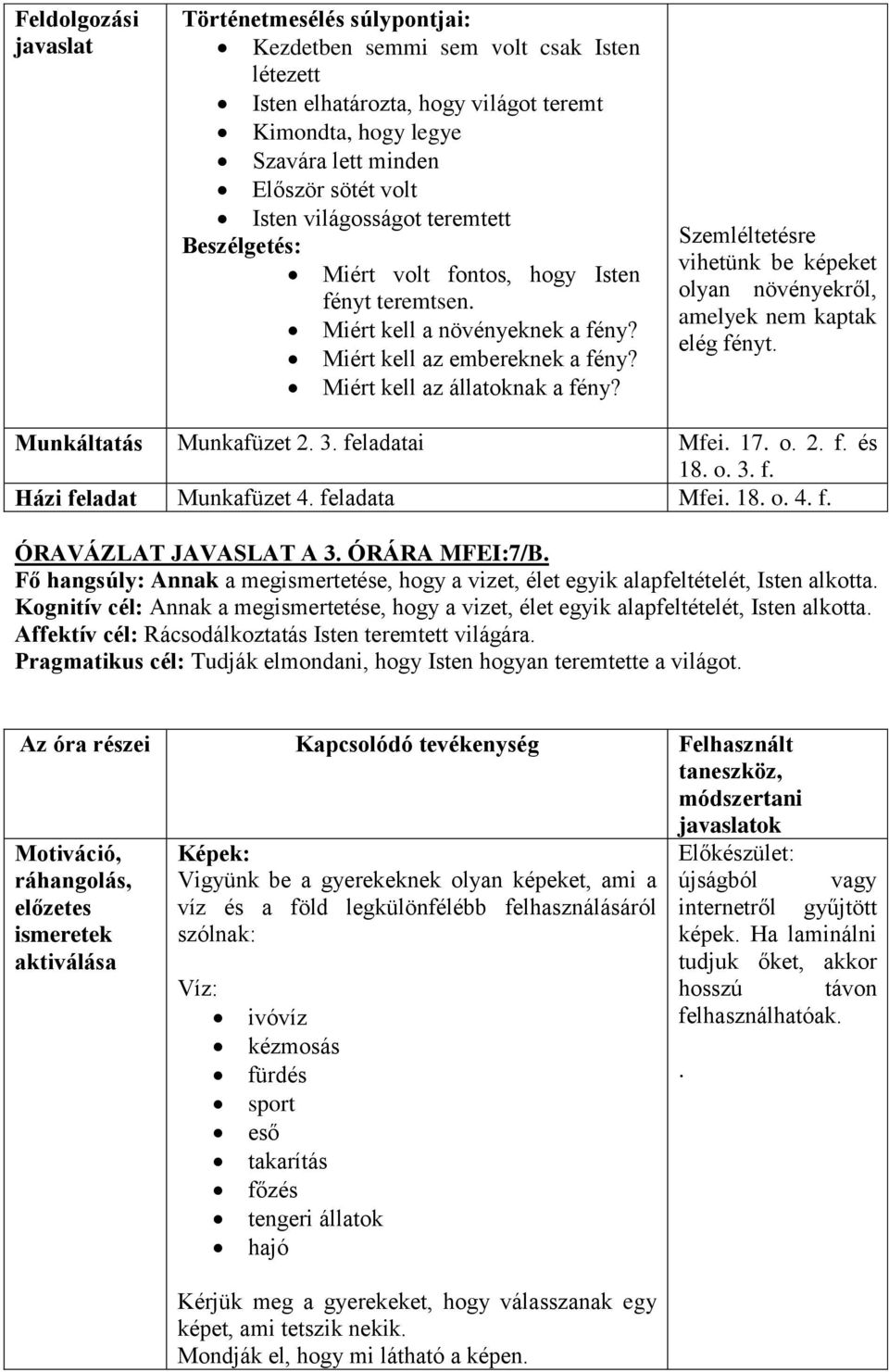 Szemléltetésre vihetünk be képeket olyan növényekről, amelyek nem kaptak elég fényt. Munkáltatás Munkafüzet 2. 3. feladatai Mfei. 17. o. 2. f. és 18. o. 3. f. Házi feladat Munkafüzet 4. feladata Mfei.