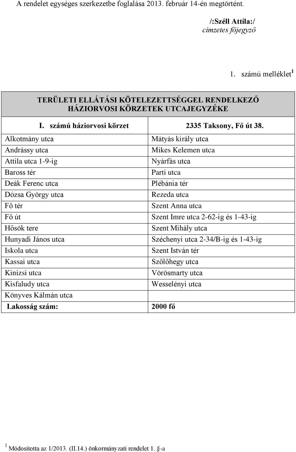 Alkotmány utca Andrássy utca Attila utca 1-9-ig Baross tér Deák Ferenc utca Dózsa György utca Fő tér Fő út Hősök tere Hunyadi János utca Iskola utca Kassai utca Kinizsi utca