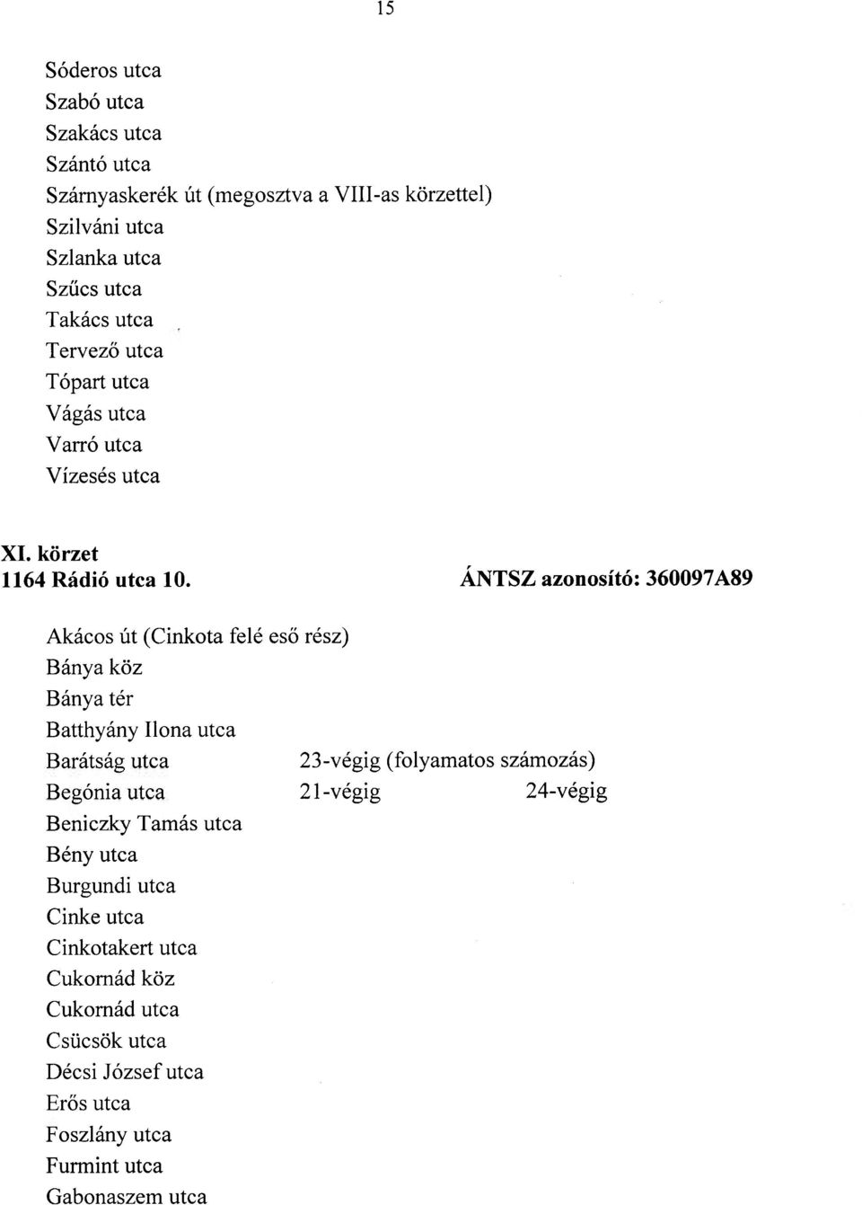 ÁNTSZ azonosító: 360097A89 Akácos út (Cinkota felé eső rész) Bánya köz Bánya tér Batthyány Ilona utca Barátság utca 23-végig (folyamatos számozás)