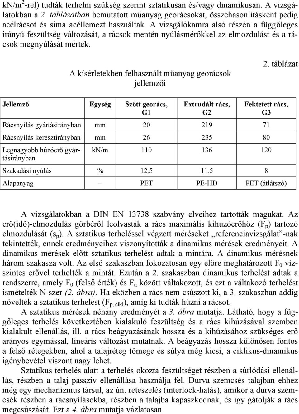 A vizsgálókamra alsó részén a függőleges irányú feszültség változását, a rácsok mentén nyúlásmérőkkel az elmozdulást és a rácsok megnyúlását mérték.