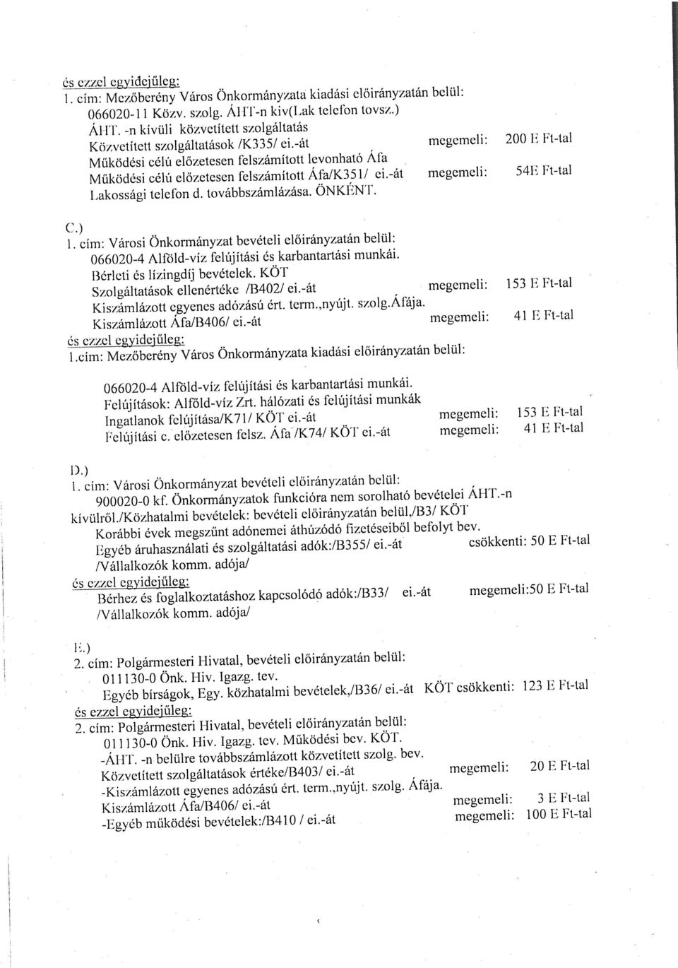 K35 1/ ej-át megemeli: 54E Ft-tal I akossági telefon d. továbbszámlázása. ÖNKENT. C.) 1. cím: Városi Önkormányzat bevételi előirányzatán belül: 066020-4 Alföld-víz felújítási és karbantartási munkái.