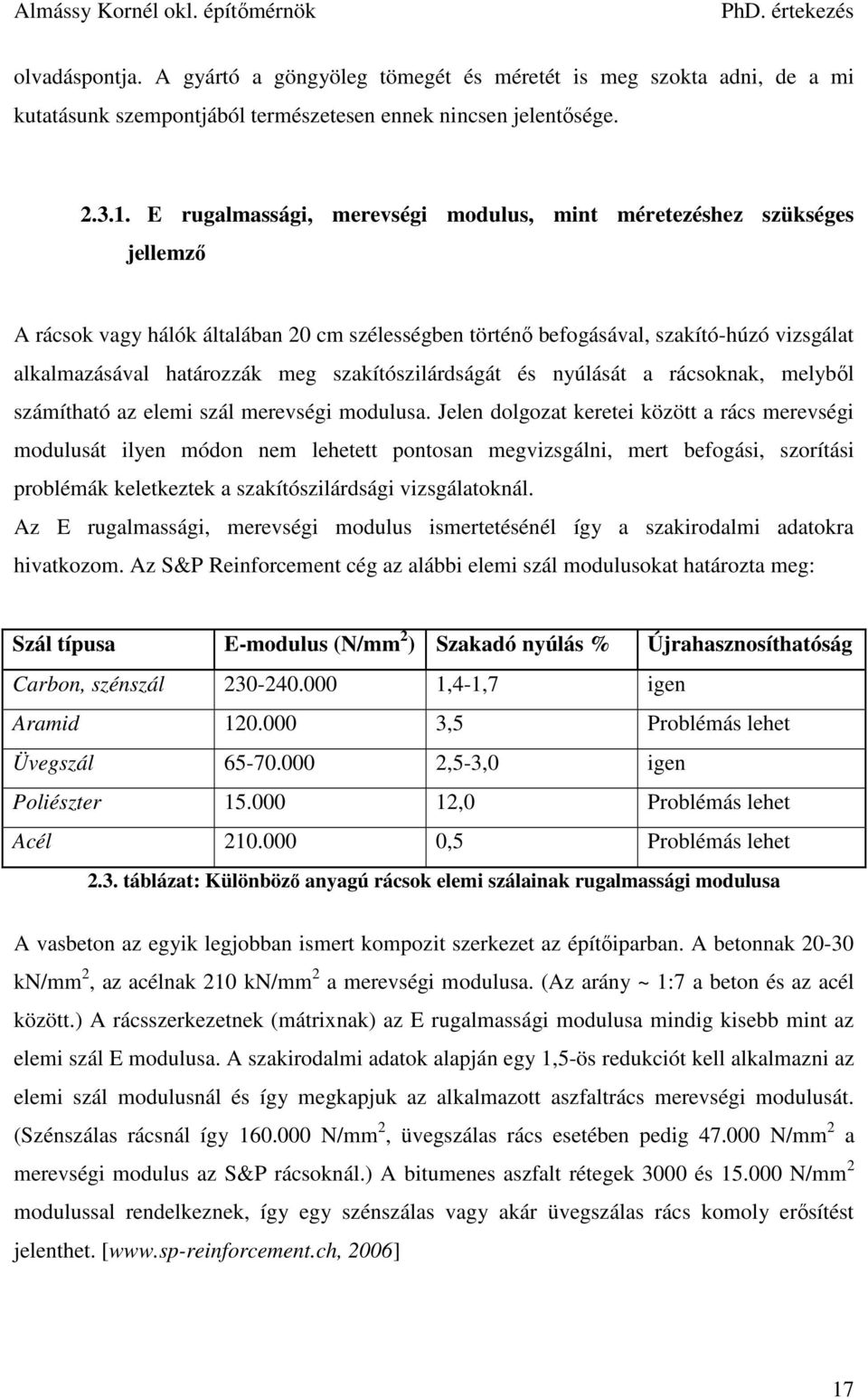 szakítószilárdságát és nyúlását a rácsoknak, melyből számítható az elemi szál merevségi modulusa.