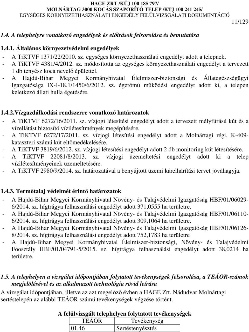 - A Hajdú-Bihar Megyei Kormányhivatal Élelmiszer-biztonsági és Állategészségügyi Igazgatósága IX-I-18.1/1450/6/2012. sz.