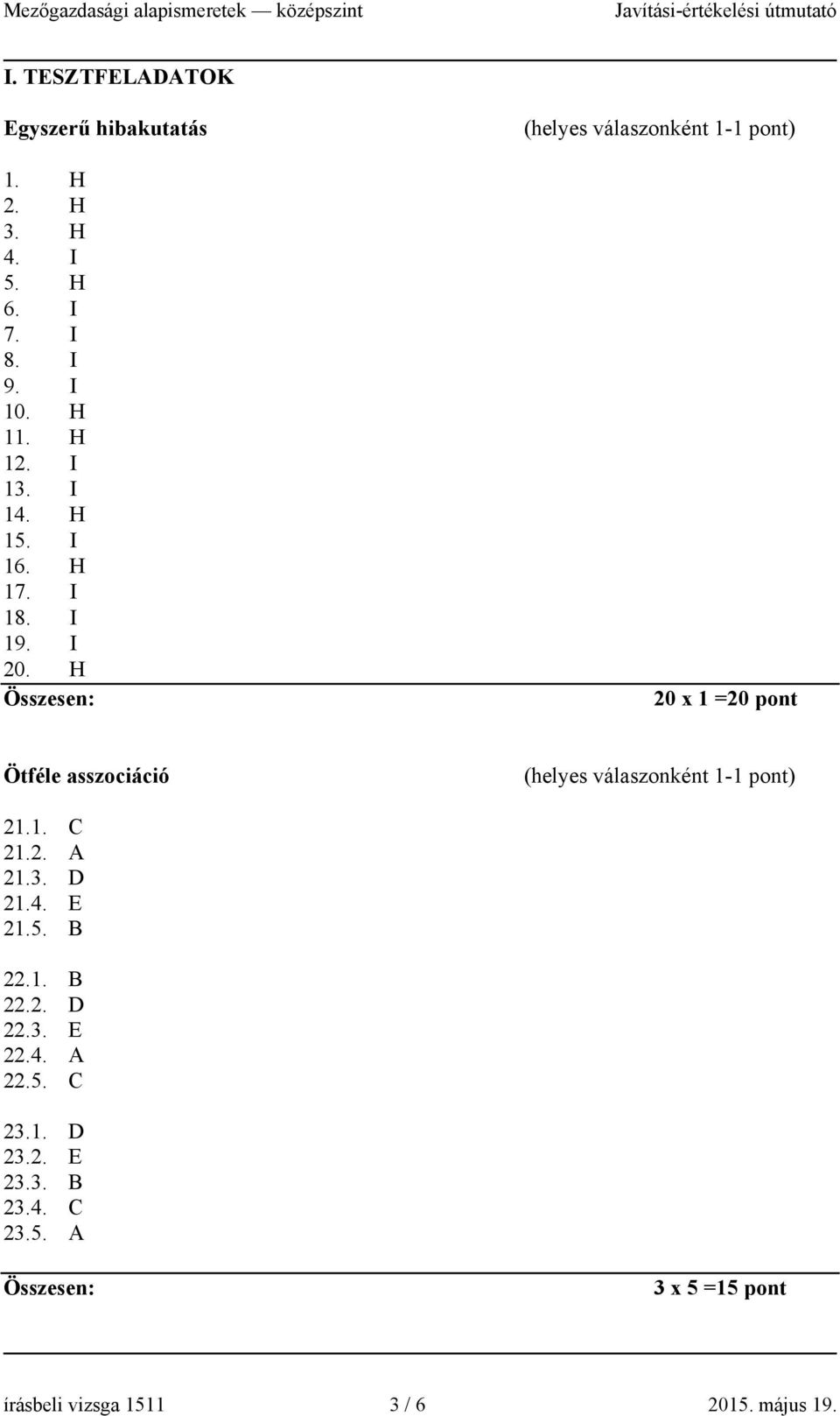 H (helyes válaszonként 1-1 pont) 20 x 1 =20 pont Ötféle asszociáció (helyes válaszonként 1-1 pont) 21.1. C 21.