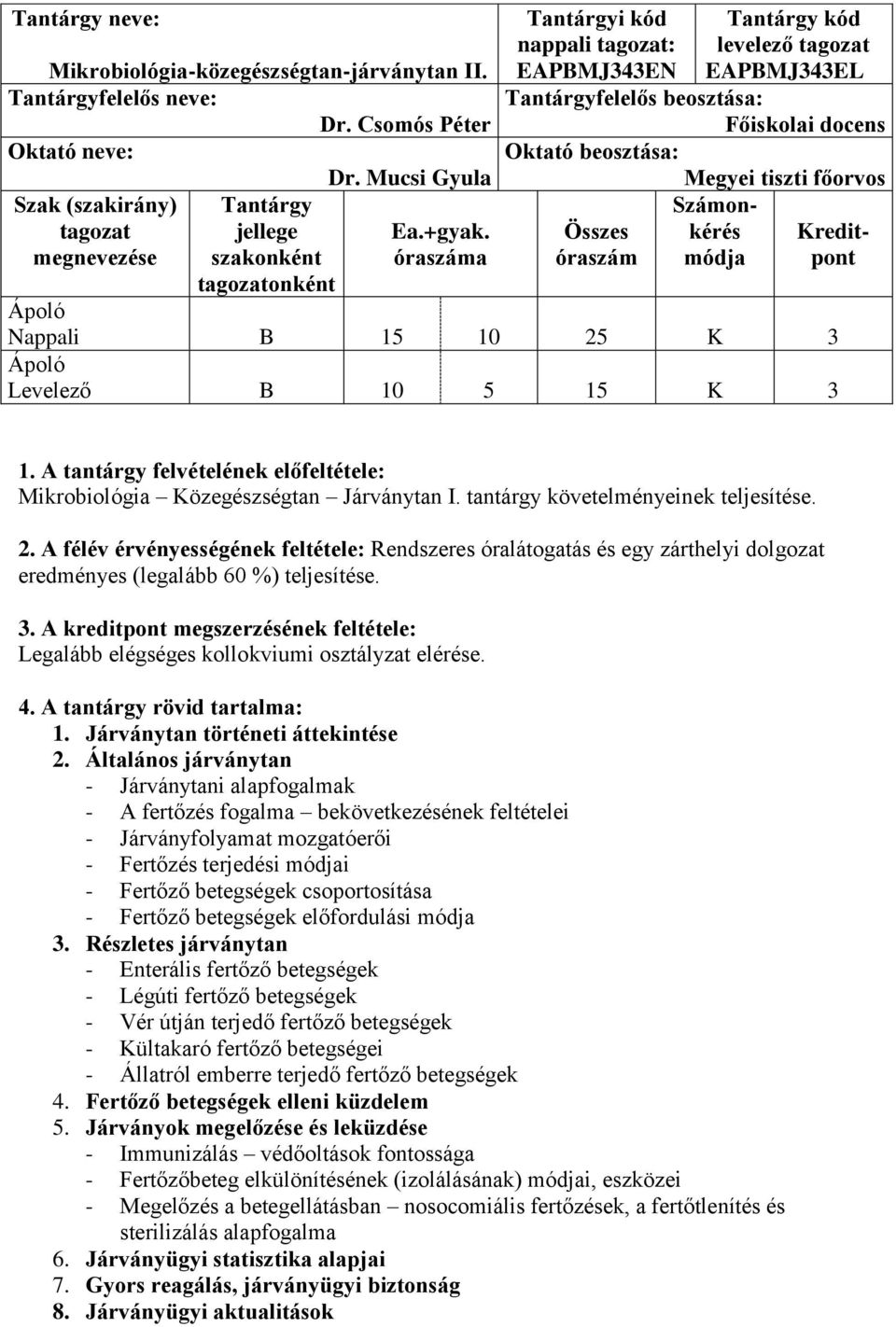 Megyei tiszti főorvos Számon- Összes kérés Kreditóraszám módja pont Nappali B 15 10 25 K 3 Levelező B 10 5 15 K 3 1. A tantárgy felvételének előfeltétele: Mikrobiológia Közegészségtan Járványtan I.