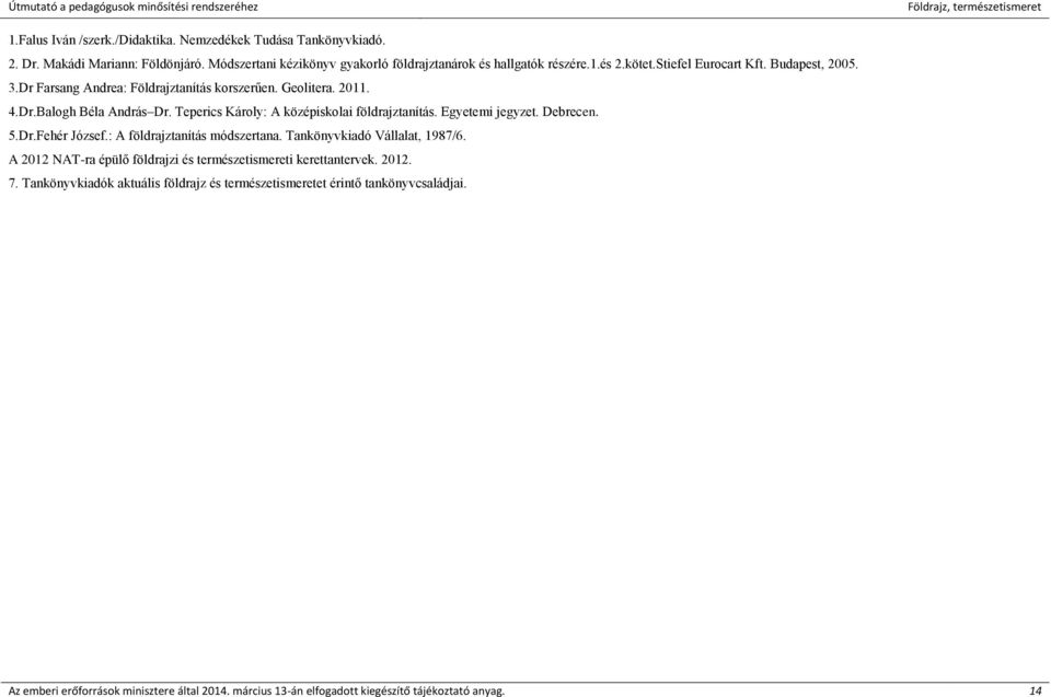 Egyetemi jegyzet. Debrecen. 5.Dr.Fehér József.: A földrajztanítás módszertana. Tankönyvkiadó Vállalat, 1987/6. A 2012 NAT-ra épülő földrajzi és természetismereti kerettantervek. 2012. 7.