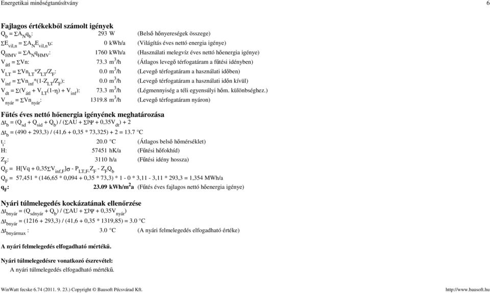 0 m 3 /h (Levegő térfogatáram a használati időben) V inf = ΣVn inf *(1-Z LT /Z F ): 0.0 m 3 /h (Levegő térfogatáram a használati időn kívül) V dt = Σ(V átl + V LT (1-η) + V inf ): 73.