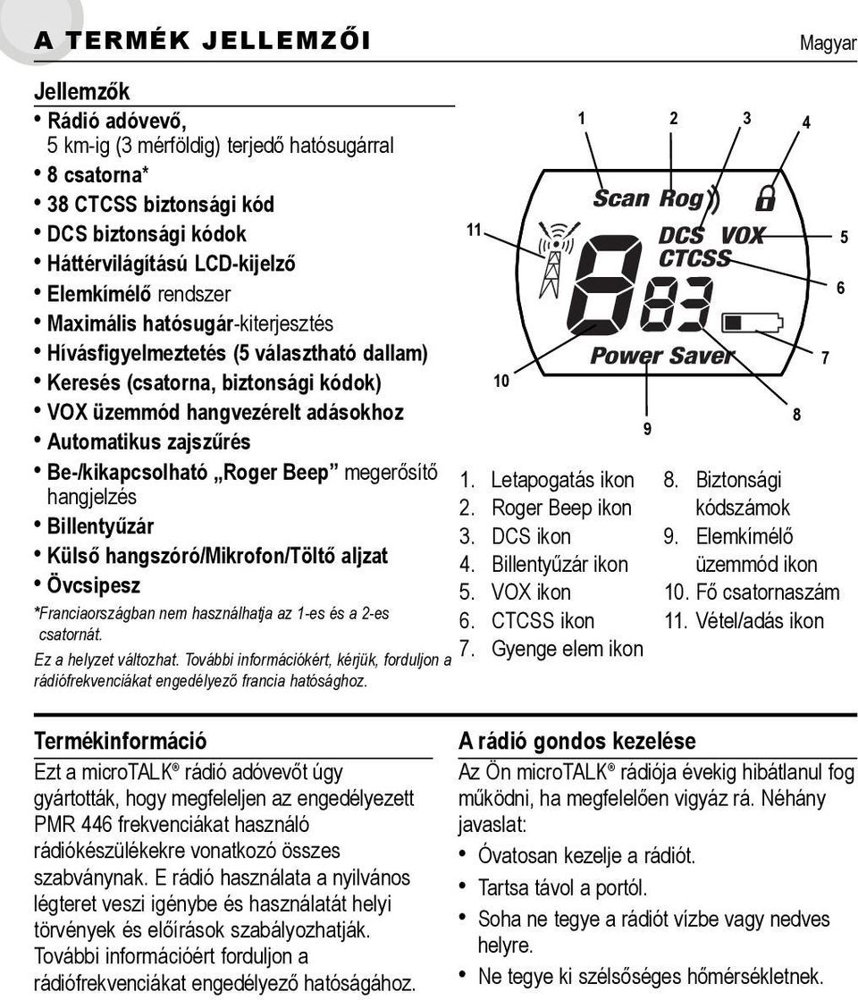 megerősítő hangjelzés Billentyűzár Külső hangszóró/mikrofon/töltő aljzat Övcsipesz *Franciaországbannemhasználhatjaaz1-esésa2-es csatornát. Ezahelyzetváltozhat.