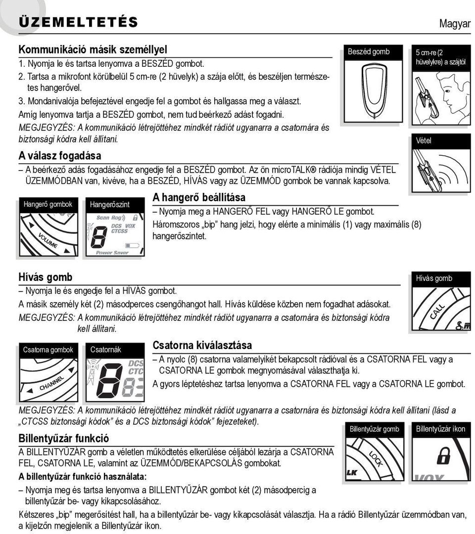 MEGJEGYZÉS:Akommunikációlétrejöttéhezmindkétrádiótugyanarraacsatornáraés biztonságikódrakellállítani.