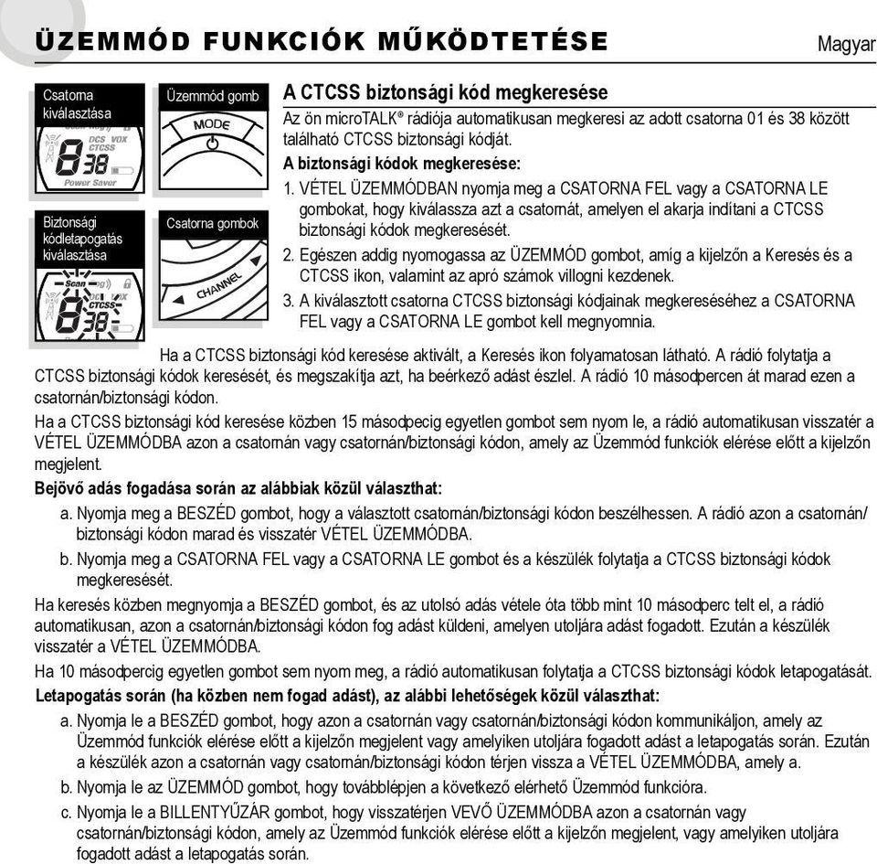 VÉTEL ÜZEMMÓDBAN nyomja meg a CSATORNA FEL vagy a CSATORNA LE gombokat, hogy kiválassza azt a csatornát, amelyen el akarja indítani a CTCSS biztonsági kódok megkeresését. 2.