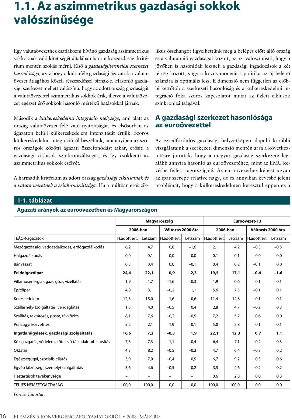 Hasonló gazdasági szerkezet mellett valószínû, hogy az adott ország gazdaságát a valutaövezettel szimmetrikus sokkok érik, illetve a valutaövezet egészét érõ sokkok hasonló mértékû hatásokkal járnak.