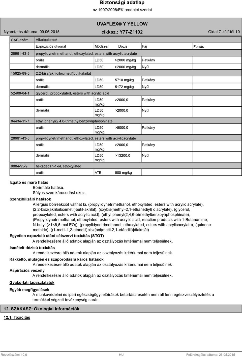 LD50 >2000,0 mg/kg 84434-11-7 ethyl phenyl(2,4,6-trimethylbenzoyl)phosphinate LD50 >5000,0 mg/kg 28961-43-5 propylidynetrimethanol, ethoxylated, esters with acrylicacrylate dermális 9004-95-9