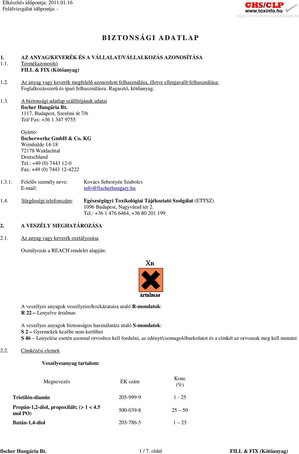 A biztonsági adatlap szállítójának adatai 1117, Budapest, Szerémi út 7/b Tel/ Fax: +36 1 347 9755 Gyártó: fischerwerke GmbH & Co. KG Weinhalde 14-18 72178 Waldachtal Deutschland Tel.