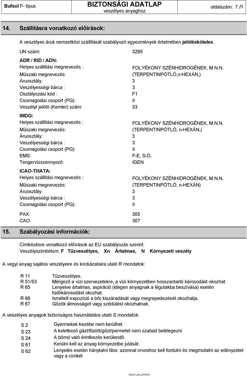 Csomagolási csoport (PG): II Veszélyt jelölő (Kemler) szám: 33 IMDG: elyes szállítási megnevezés : FOLYÉKONY