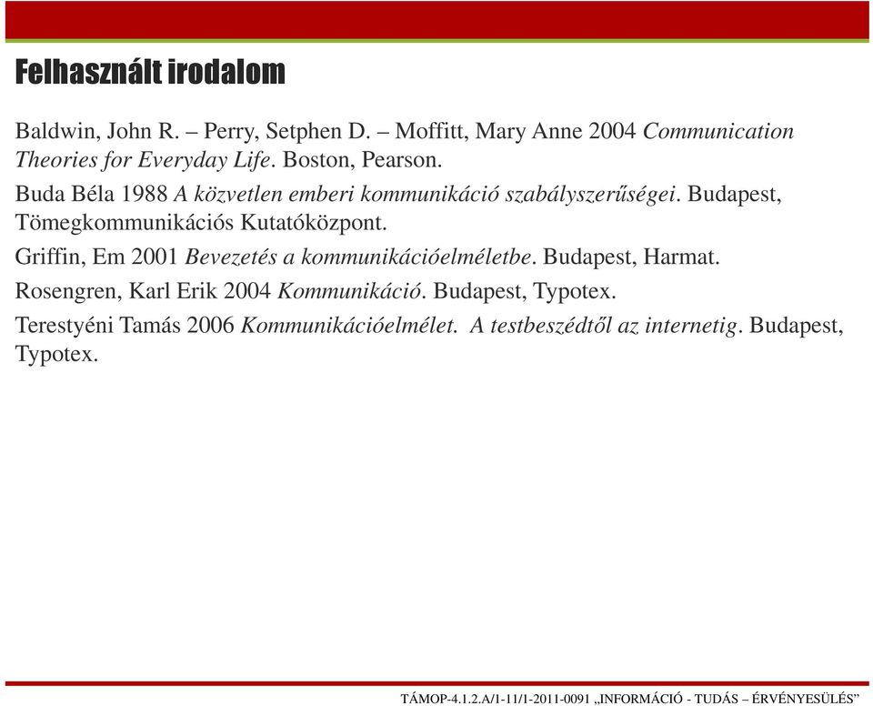 Buda Béla 1988 A közvetlen emberi kommunikáció szabályszerűségei. Budapest, Tömegkommunikációs Kutatóközpont.