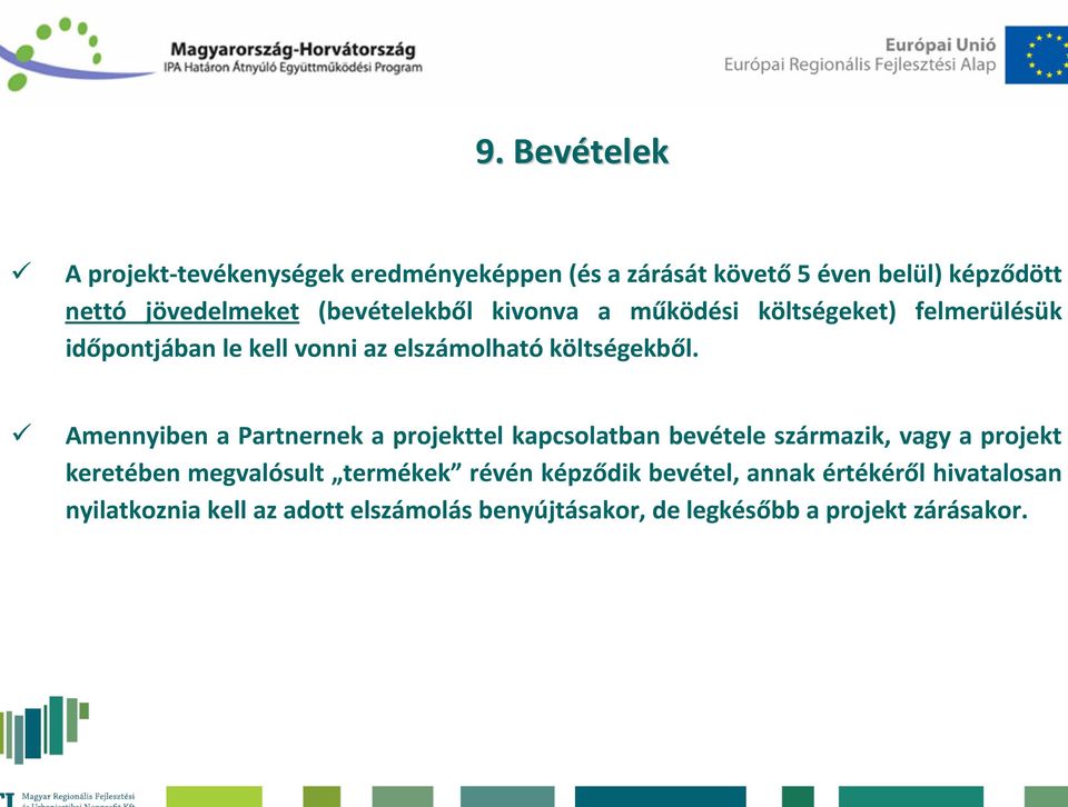 Amennyiben a Partnernek a projekttel kapcsolatban bevétele származik, vagy a projekt keretében megvalósult termékek révén