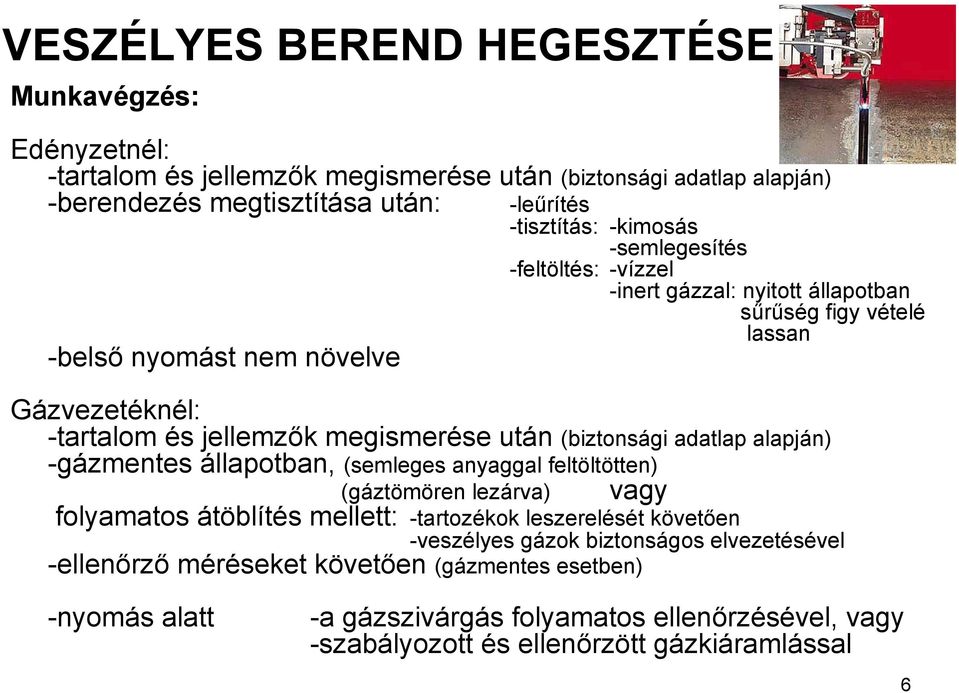 (biztonsági adatlap alapján) -gázmentes állapotban, (semleges anyaggal feltöltötten) (gáztömören lezárva) vagy folyamatos átöblítés mellett: -tartozékok leszerelését követően