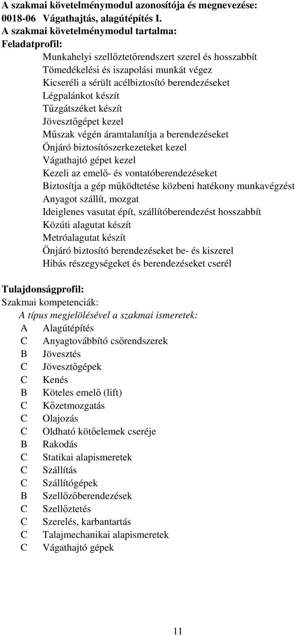 Légpalánkot készít Tűzgátszéket készít Jövesztőgépet kezel Műszak végén áramtalanítja a berendezéseket Önjáró biztosítószerkezeteket kezel Vágathajtó gépet kezel Kezeli az emelő- és