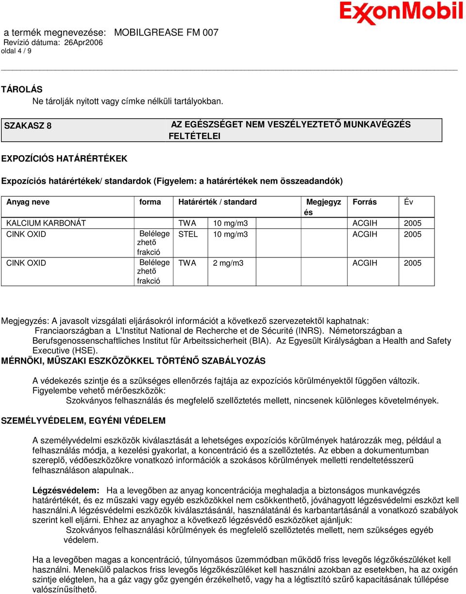 standard Megjegyz Forrás Év és KALCIUM KARBONÁT TWA 10 mg/m3 ACGIH 2005 CINK OXID Belélege STEL 10 mg/m3 ACGIH 2005 zhetı frakció CINK OXID Belélege zhetı frakció TWA 2 mg/m3 ACGIH 2005 Megjegyzés: A