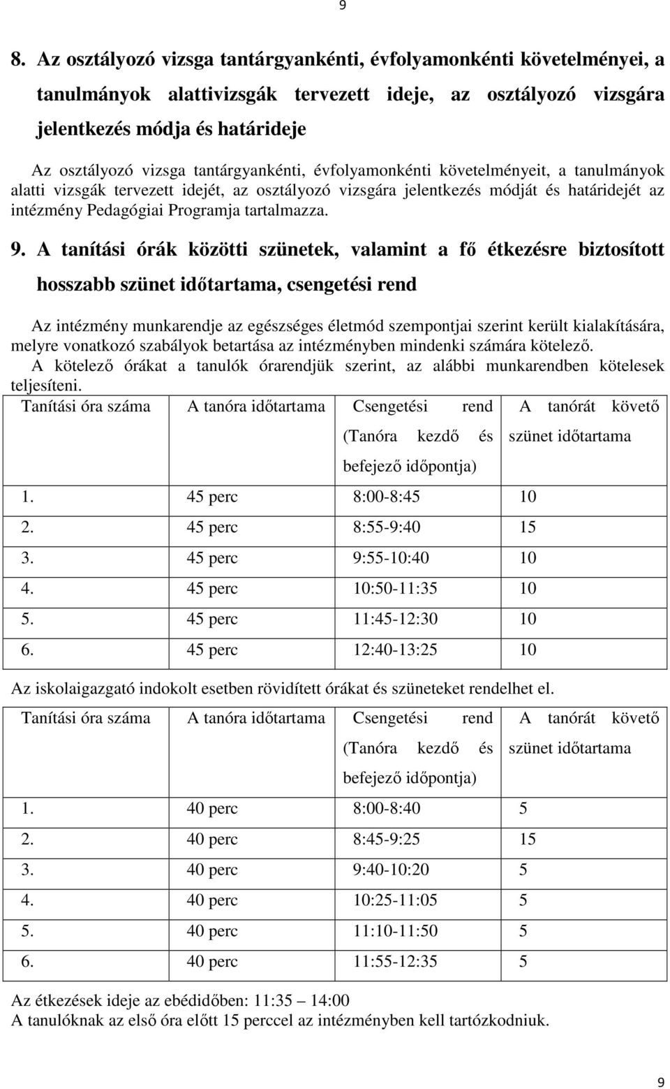 9. A tanítási órák közötti szünetek, valamint a fő étkezésre biztosított hosszabb szünet időtartama, csengetési rend Az intézmény munkarendje az egészséges életmód szempontjai szerint került