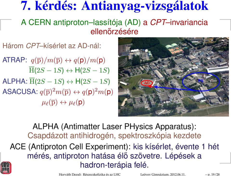 q(p)/m(p) q(p)/m(p) H(2S 1S) H(2S 1S) ALPHA: H(2S 1S) H(2S 1S) ASACUSA: q(p) 2 m(p) q(p) 2 m(p) µ l (p) µ l (p) ALPHA (Antimatter Laser