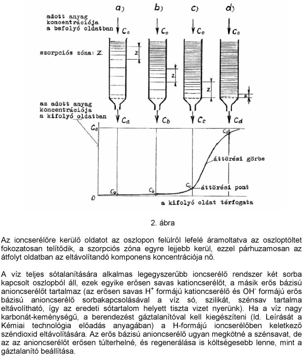 A víz teljes sótalanítására alkalmas legegyszerűbb ioncserélő rendszer két sorba kapcsolt oszlopból áll, ezek egyike erősen savas kationcserélőt, a másik erős bázisú anioncserélőt tartalmaz (az