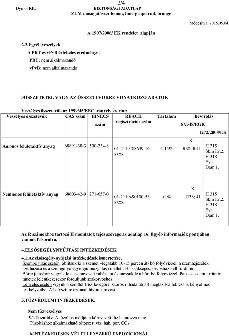 Besorolás 67/548/EGK Xi R38; R41 1272/2008/EK H 315 Skin Irr2 H 318 Eye Dam1 Nemionos felületaktív anyag 68603-42-9 271-657-0 01-2119490100-53- xxxx <1% Xi R38; 41 H 315 Skin Irr2 H 318 Eye Dam1 Az R