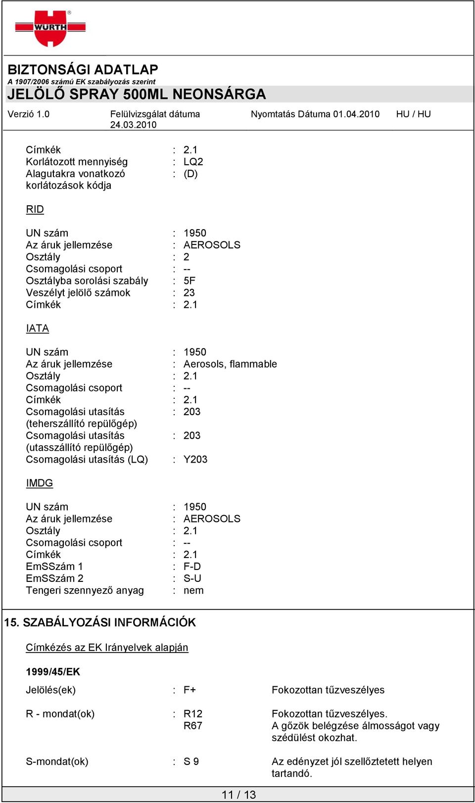 Veszélyt jelölő számok : 23 1 IATA UN szám : 1950 Az áruk jellemzése : Aerosols, flammable Osztály : 2.