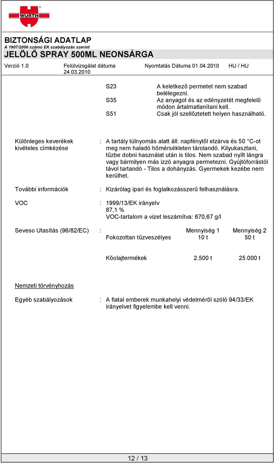 Kilyukasztani, tűzbe dobni használat után is tilos. Nem szabad nyílt lángra vagy bármilyen más izzó anyagra permetezni. Gyújtóforrástól távol tartandó - Tilos a dohányzás.