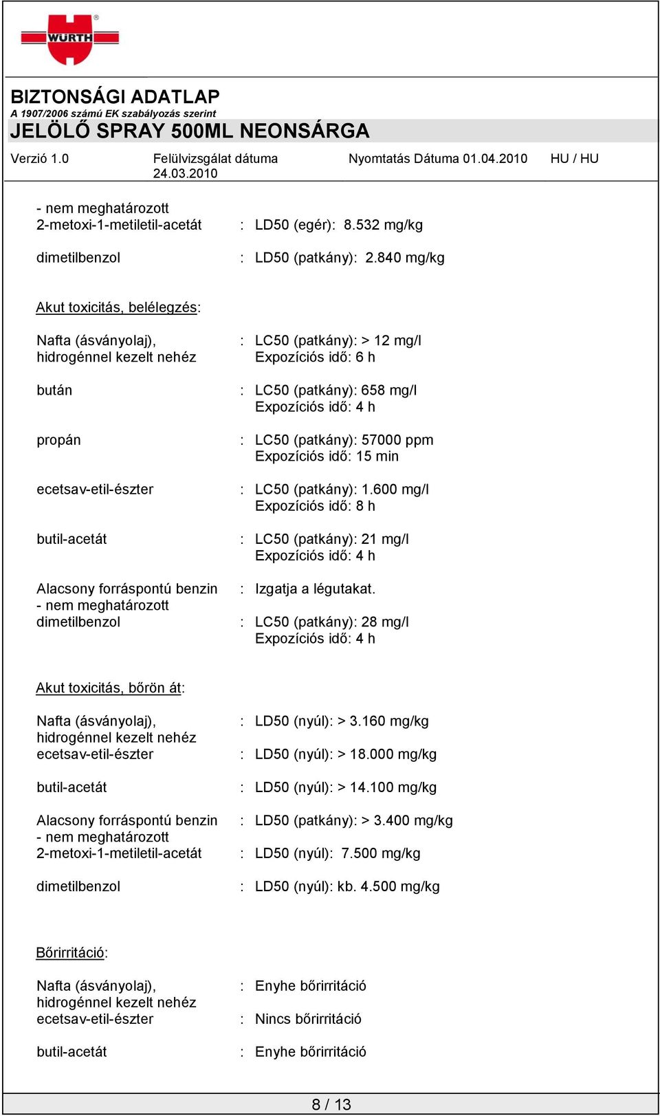 idő: 6 h : LC50 (patkány): 658 mg/l Expozíciós idő: 4 h : LC50 (patkány): 57000 ppm Expozíciós idő: 15 min : LC50 (patkány): 1.