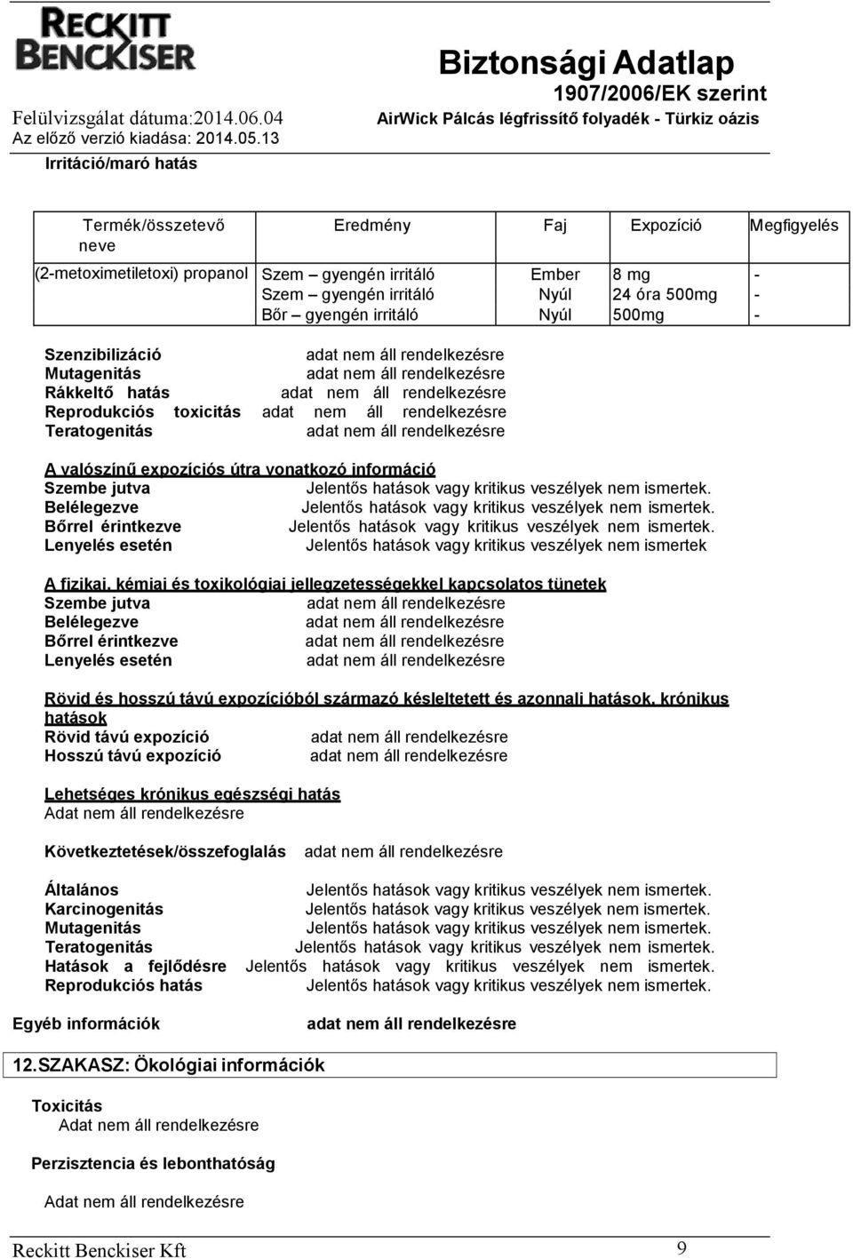 Lenyelés esetén Jelentős hatások vagy kritikus veszélyek nem ismertek A fizikai, kémiai és toxikológiai jellegzetességekkel kapcsolatos tünetek Szembe jutva Belélegezve Bőrrel érintkezve Lenyelés