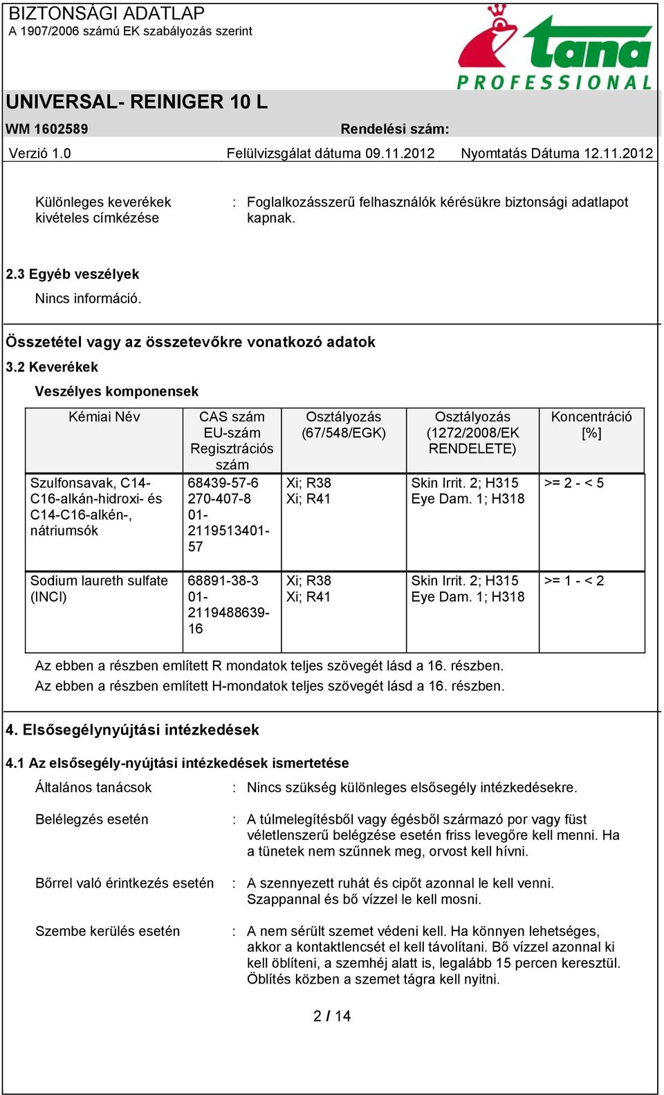 2 Keverékek Veszélyes komponensek Kémiai Név Szulfonsavak, C14- C16-alkán-hidroxi- és C14-C16-alkén-, nátriumsók CAS szám EU-szám Regisztrációs szám 68439-57-6 270-407-8 01-2119513401- 57 Osztályozás