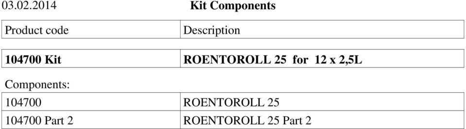 Description 104700 Kit ROENTOROLL 25