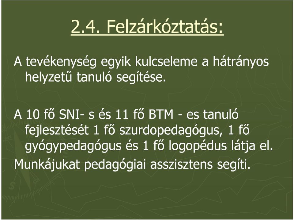 A 10 fő SNI- s és 11 fő BTM - es tanuló fejlesztését 1 fő