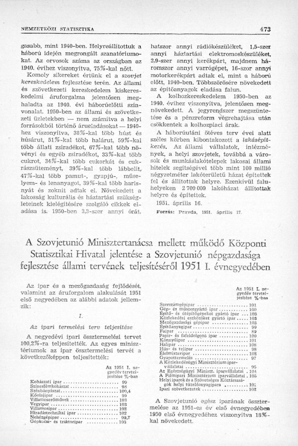 1950-ben az állami és szövetkezeti üzletekben nem számítva a helyi forrásokból történő árueladásokat 1940- hez viszonyítva, 38%-kai több húst és húsárut, 51%-kal több halárut, 59%-kal több állati