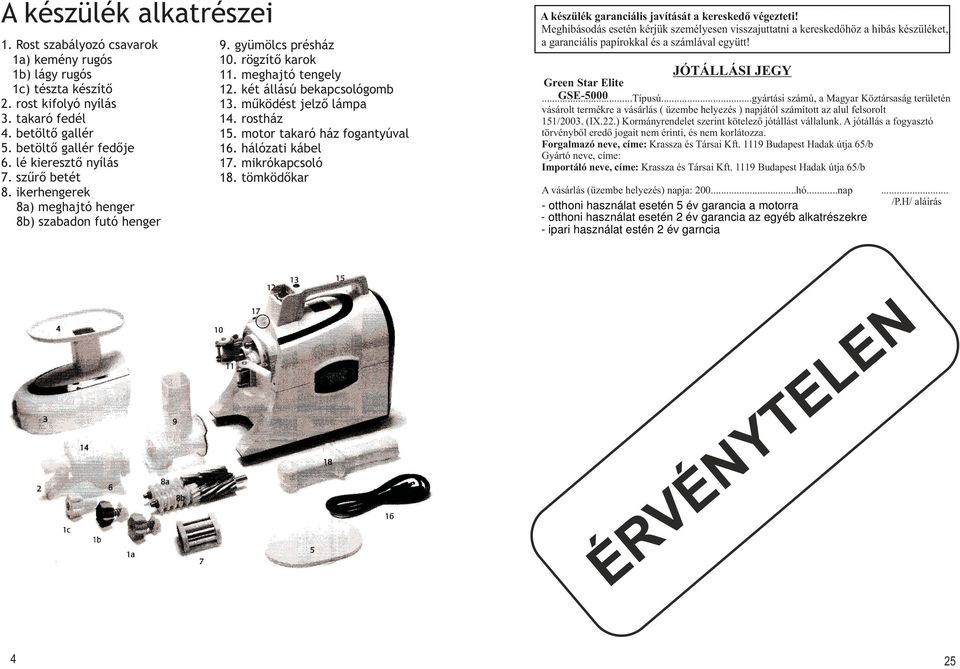 működést jelző lámpa 14. rostház 15. motor takaró ház fogantyúval 16. hálózati kábel 17. mikrókapcsoló 18. tömködőkar A készülék garanciális javítását a kereskedő végezteti!