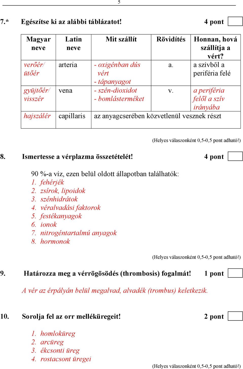 Ismertesse a vérplazma összetételét! 4 pont 90 %-a víz, ezen belül oldott állapotban találhatók: 1. fehérjék 2. zsírok, lipoidok 3. szénhidrátok 4. véralvadási faktorok 5. festékanyagok 6. ionok 7.