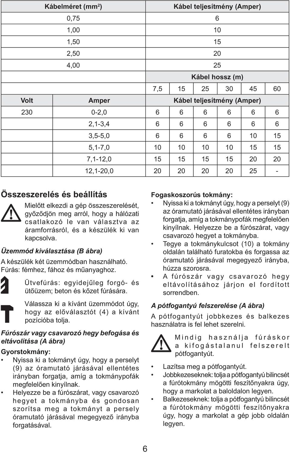 hálózati csatlakozó le van választva az áramforrásról, és a készülék ki van kapcsolva. Üzemmód kiválasztása (B ábra) A készülék két üzemmódban használható. Fúrás: fémhez, fához és műanyaghoz.