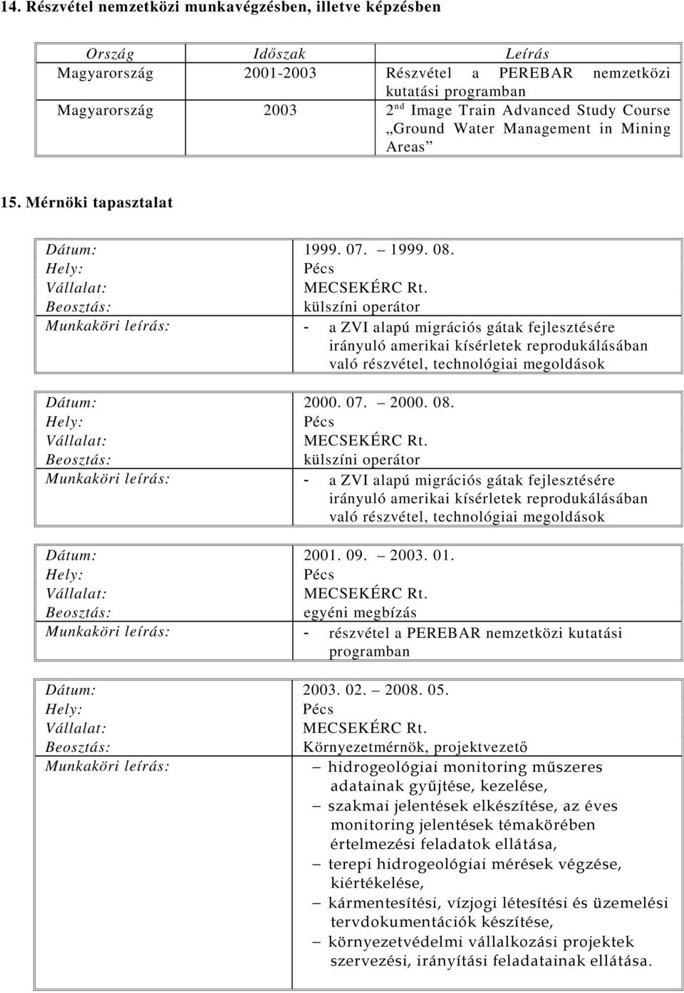 külszíni operátor Munkaköri leírás: - a ZVI alapú migrációs gátak fejlesztésére irányuló amerikai kísérletek reprodukálásában való részvétel, technológiai megoldások Dátum: 2000. 07. 2000. 08.