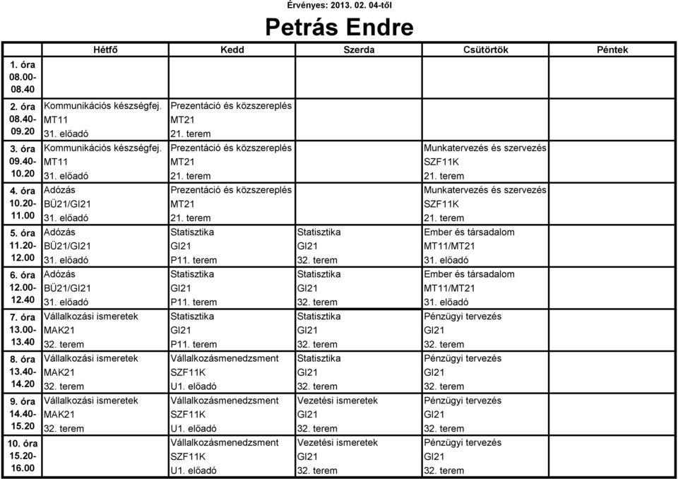 előadó 21. terem 21. terem Adózás Statisztika Statisztika Ember és társadalom BÜ21/GI21 GI21 GI21 MT11/MT21 31. előadó P11. terem 32. terem 31.