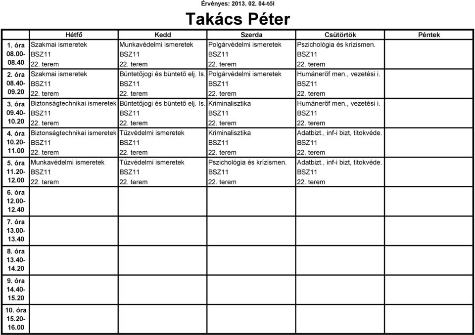 Kriminalisztika Humánerőf men., vezetési i. BSZ11 BSZ11 BSZ11 BSZ11 22. terem 22. terem 22. terem 22. terem Biztonságtechnikai ismeretek Tűzvédelmi ismeretek Kriminalisztika Adatbizt.