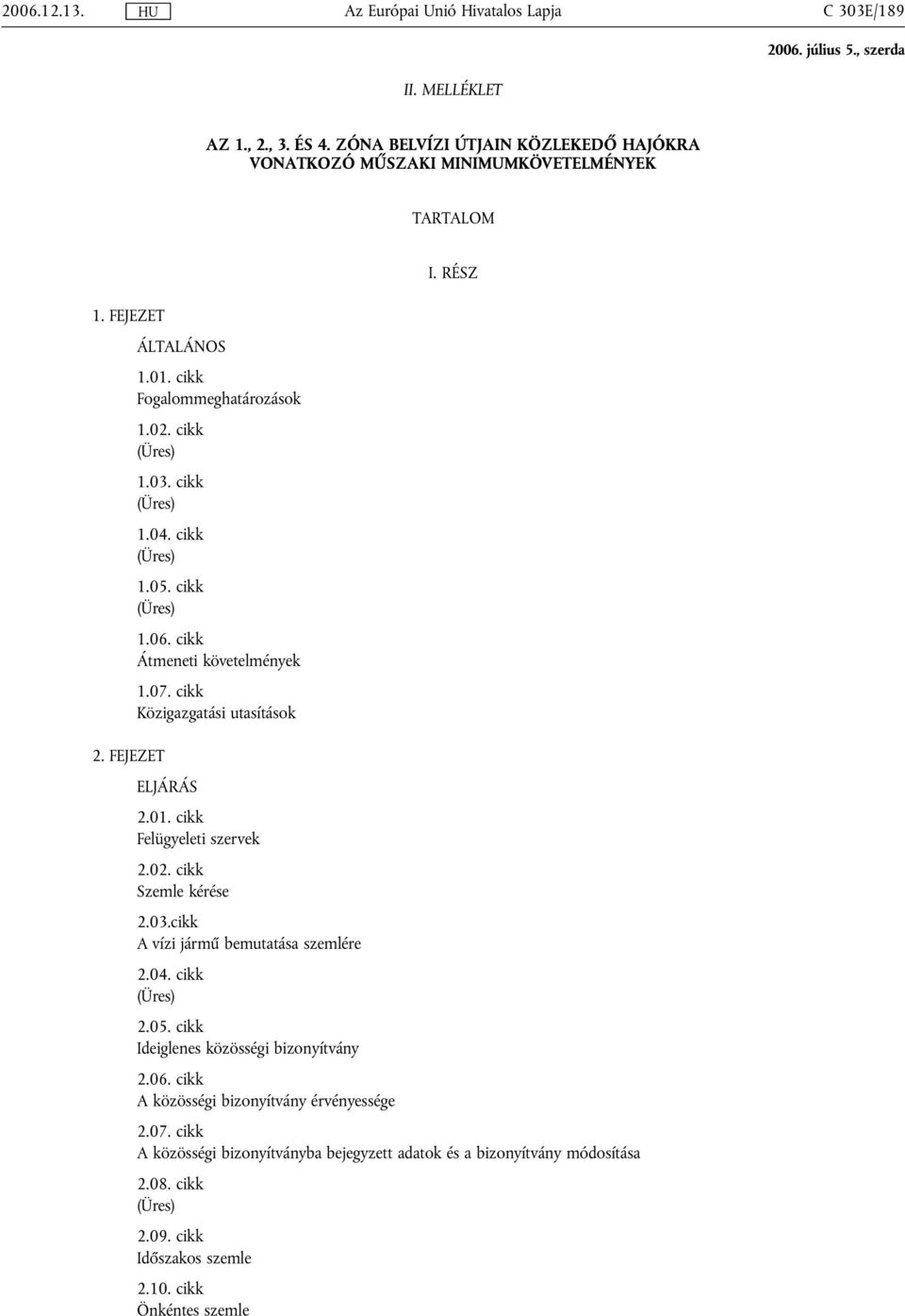 FEJEZET ELJÁRÁS 2.01. cikk Felügyeleti szervek 2.02. cikk Szemle kérése 2.03.cikk A vízi jármű bemutatása szemlére 2.04. cikk (Üres) 2.05. cikk Ideiglenes közösségi bizonyítvány 2.